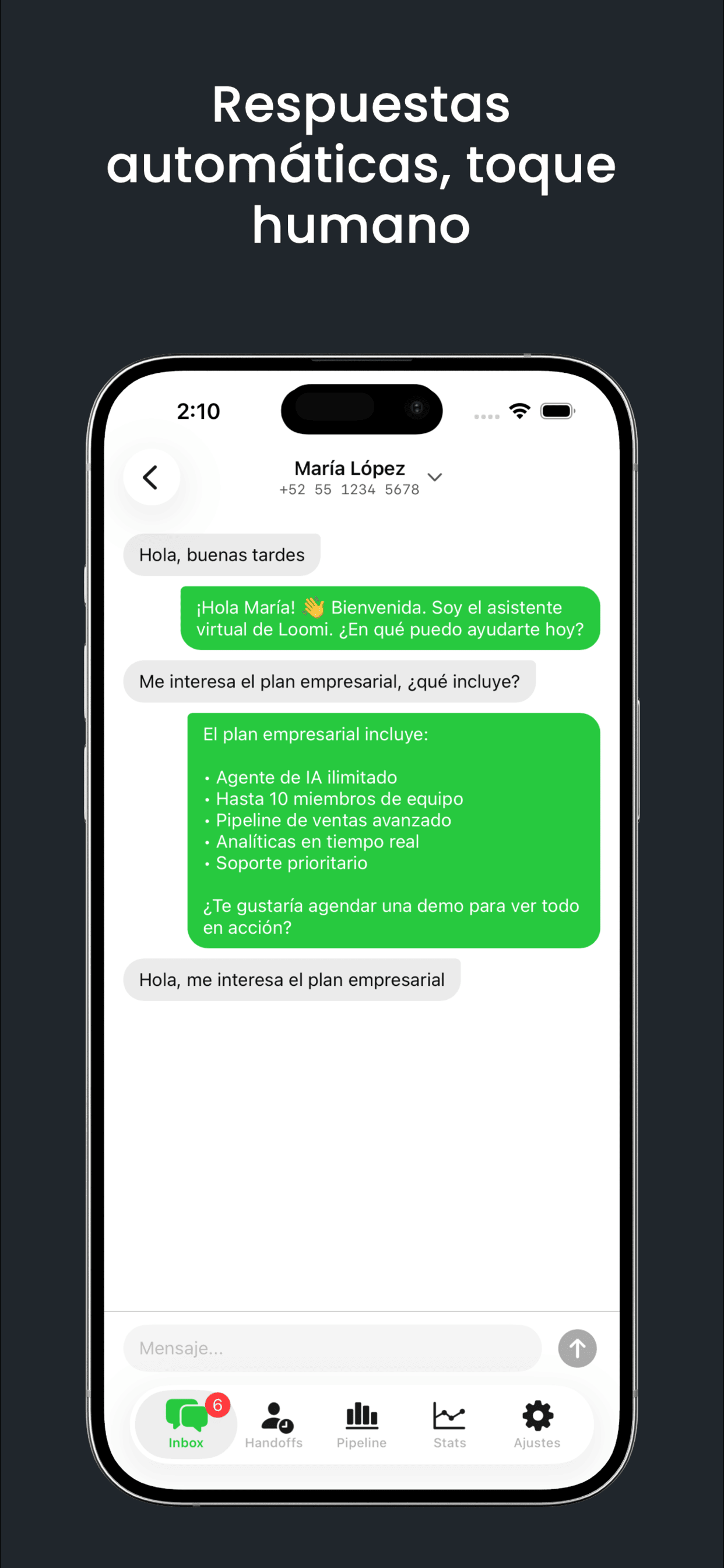 Loomi AI auto-replies in a chat